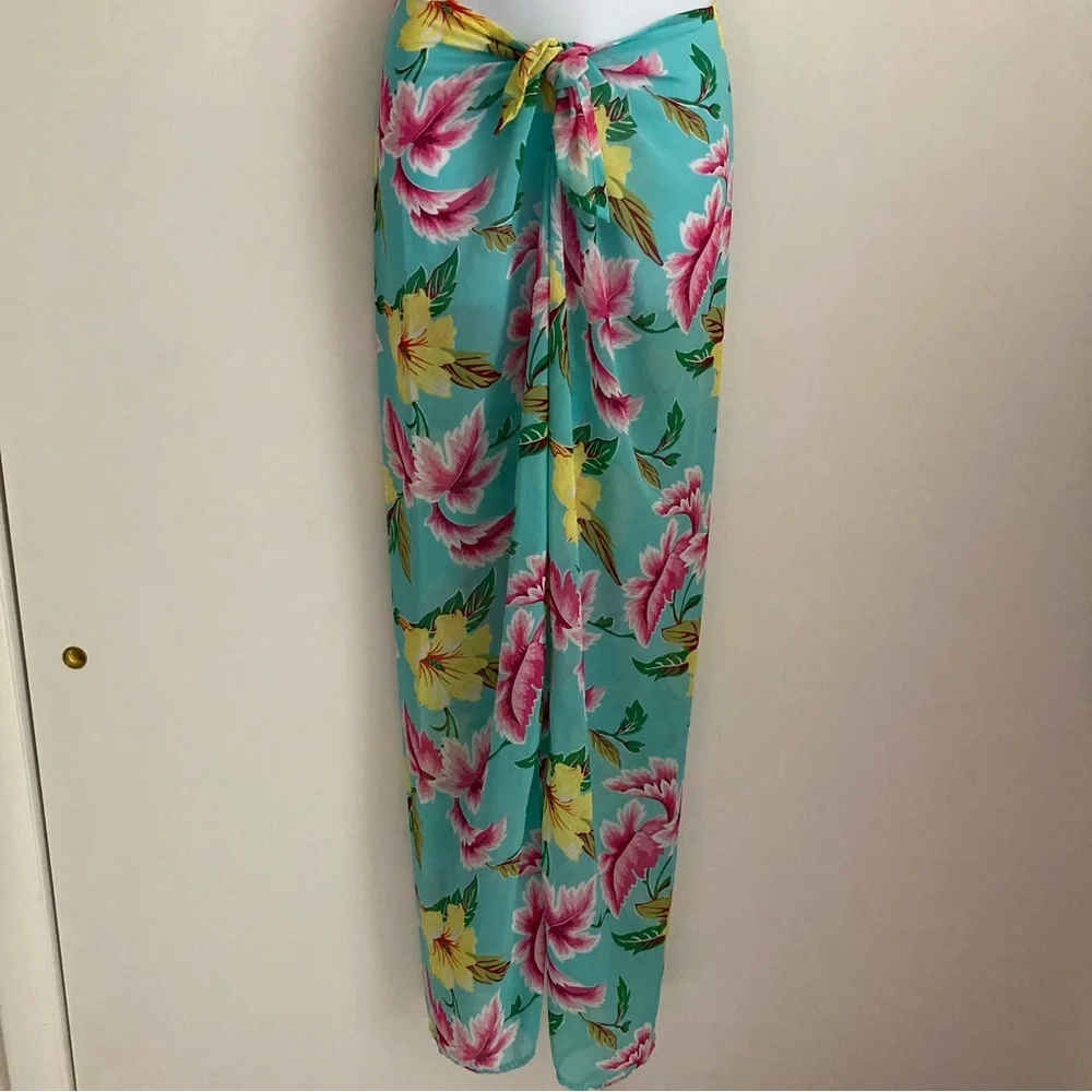 VTG Victoria’s Secret Sheer Tropical Floral Tie Front Flowy Sarong Like Pants, M